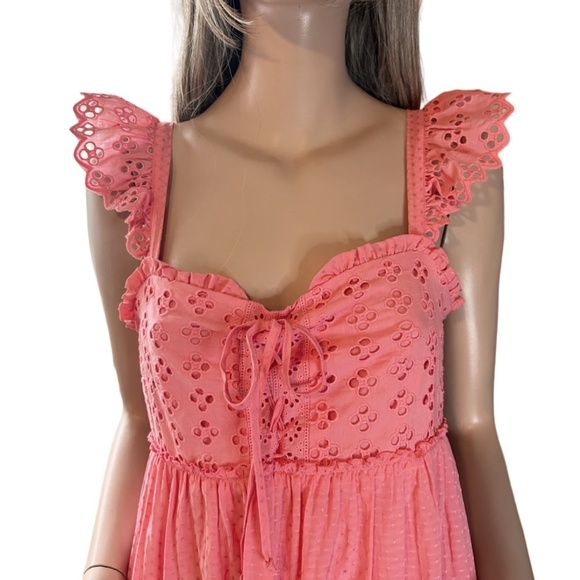 ALTAR'D STATE Dress Tiered Ruffled Ruched Pinafore Back Tie Bow Peach Coral NWOT - Picture 3 of 16